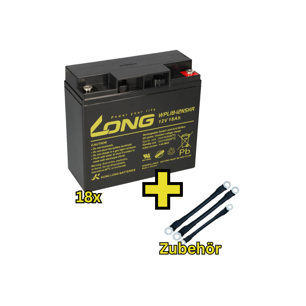 USV-Akku Kung Long 216V-Anlage - 18 x WPL18-12NSHR-M für Sicherheitsbeleuchtung Inkl. Zubehör und Verbinder