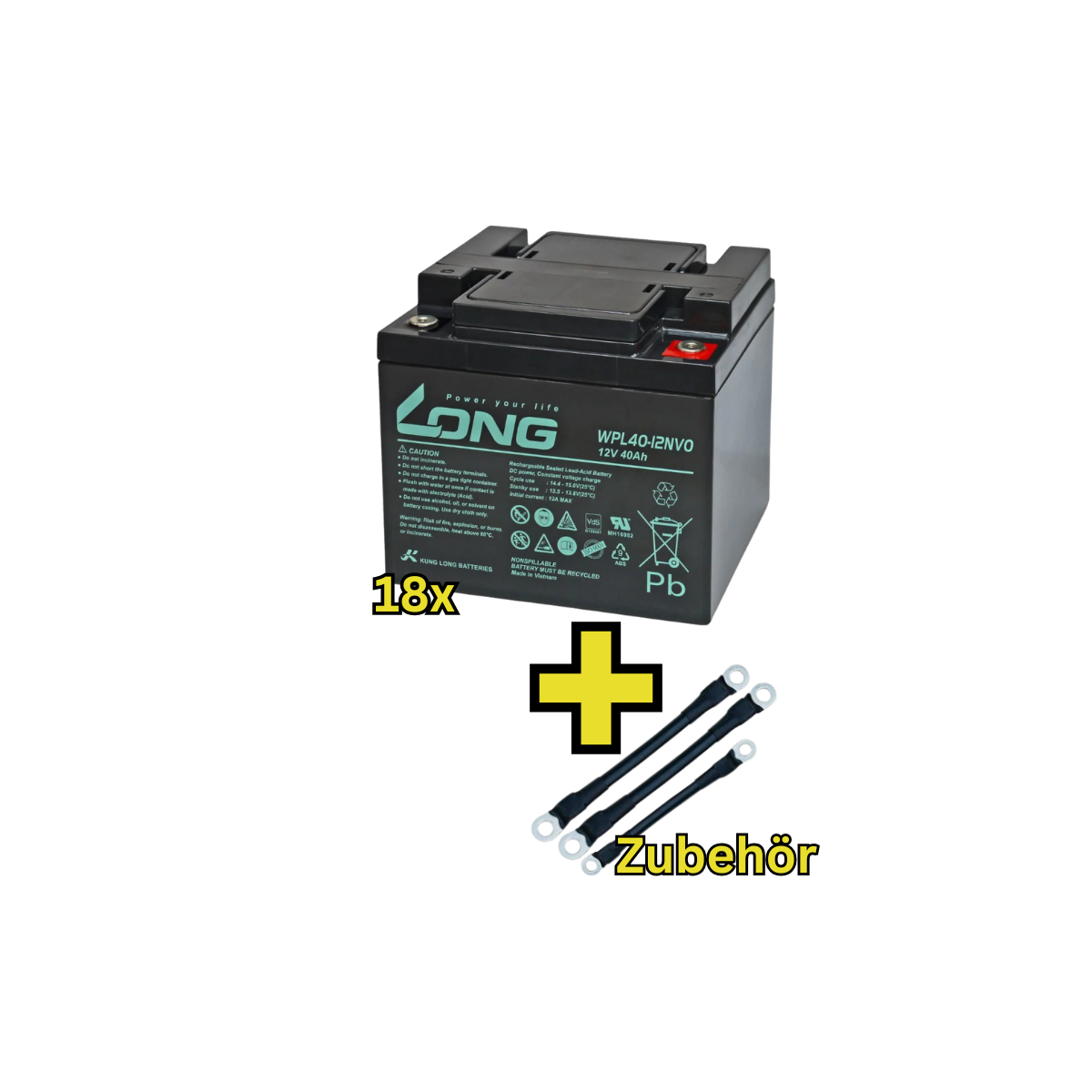 USV-Akku Kung Long 216V-Anlage - 18 x WPL40-12N-V0 für Sicherheitsbeleuchtung Inkl. Zubehör und Verbinder