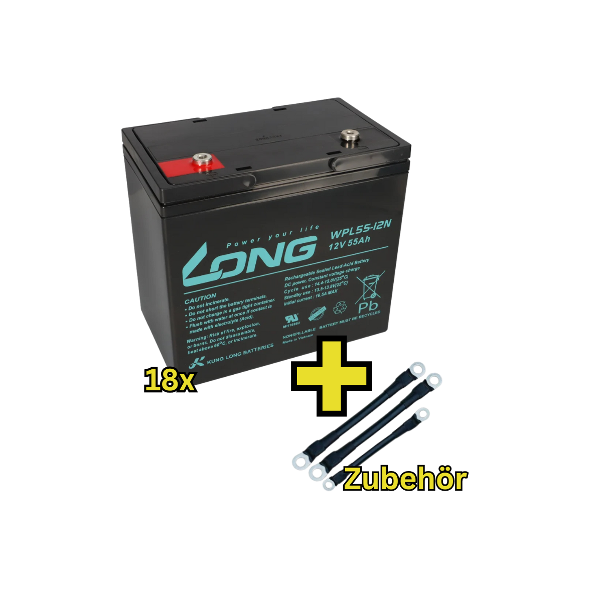 USV-Akku Kung Long 216V-Anlage - 18 x WPL55-12N-M für Sicherheitsbeleuchtung Inkl. Zubehör und Verbinder