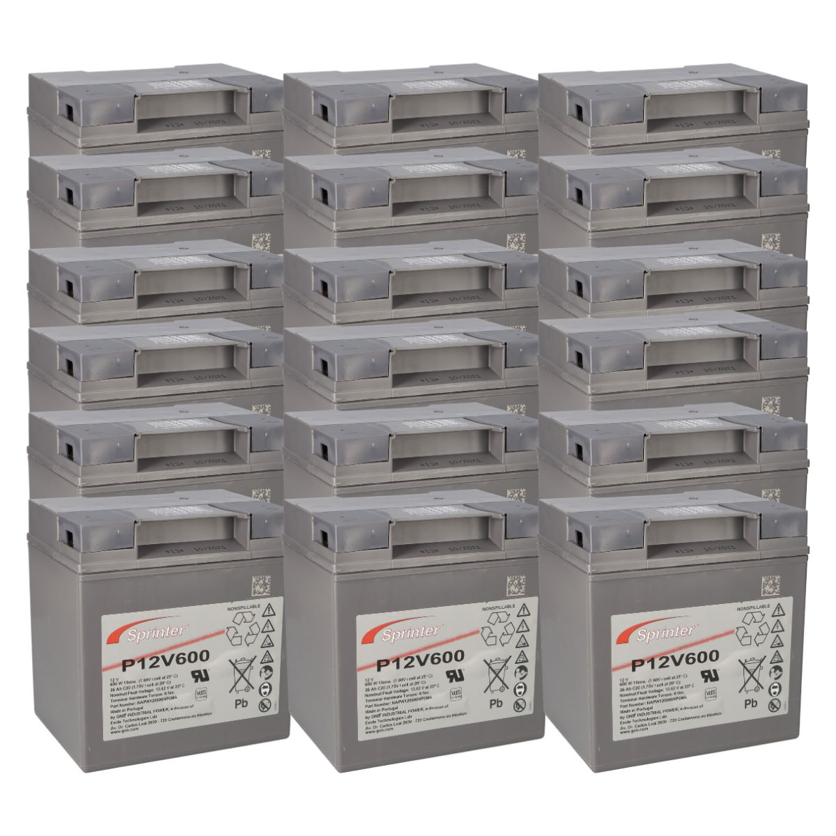 Akkusatz 18x Exide Sprinter P12V600 12V 24Ah passend für USV Notstrom Alarmsysteme