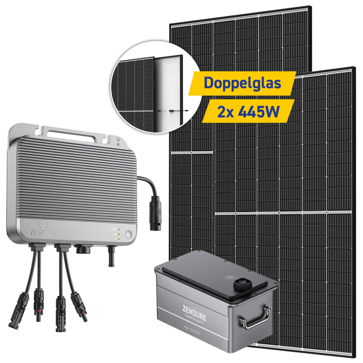 Balkonkraftwerk 890W Zendure SolarFlow 800 2x Trina Solar 445W + 960WH AB1000S Speicher mit 0% MwSt nach §12 Abs. 3 UstG