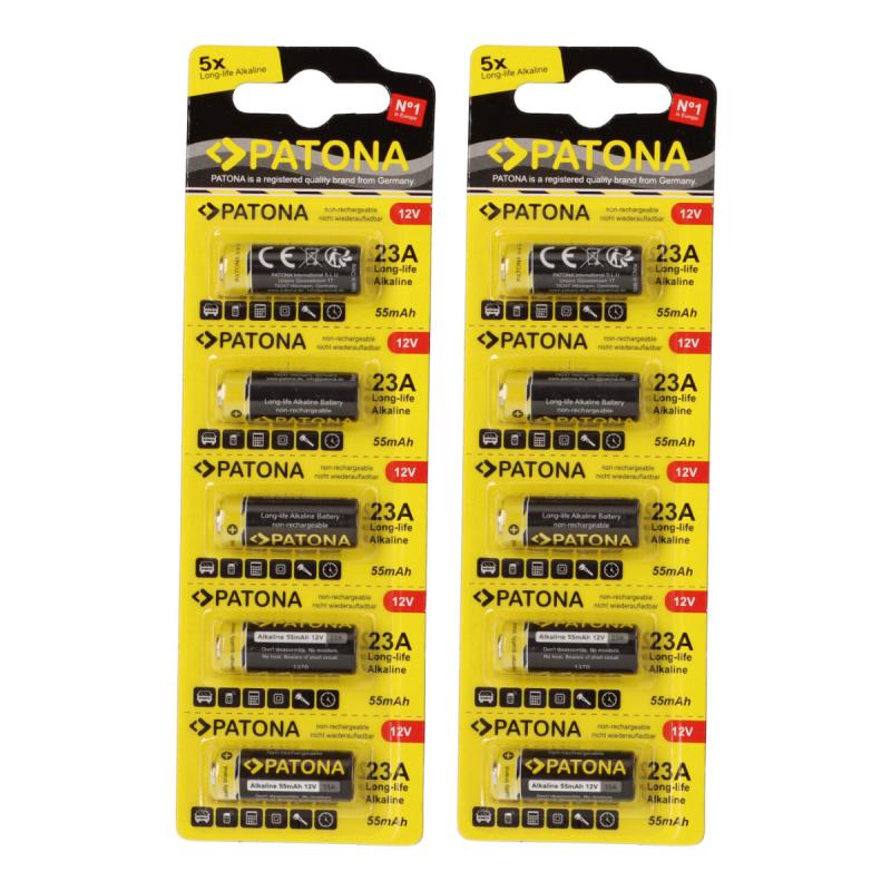 PATONA 10x (2x5 Stück) 12V 23A 23GA MN21 Spezialbatterie für Garagentoröffner, Fernbedienungen, Alarmsysteme, Bluetooth-Headset etc. kompatibel mit MN21,V23GA, 3LR50, LRV08, 8LR932, L1028