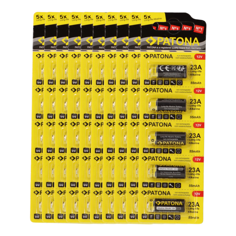 PATONA 50x (10x5 Stück) 12V 23A 23GA MN21 Spezialbatterie für Garagentoröffner, Fernbedienungen, Alarmsysteme, Bluetooth-Headset etc. kompatibel mit MN21,V23GA, 3LR50, LRV08, 8LR932, L1028