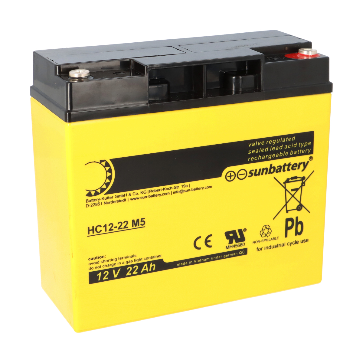 SUN Battery AGM Akku 12V 22Ah High Cycle zyklenfest – F-M5 Schraubanschluss (181×77×167mm)