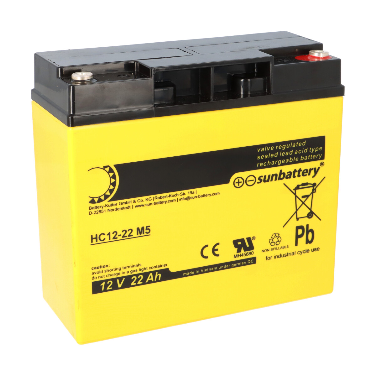 SUN Battery High Cycle AGM Bleiakku zyklenfest 12V 22Ah M5-Schraubanschluss