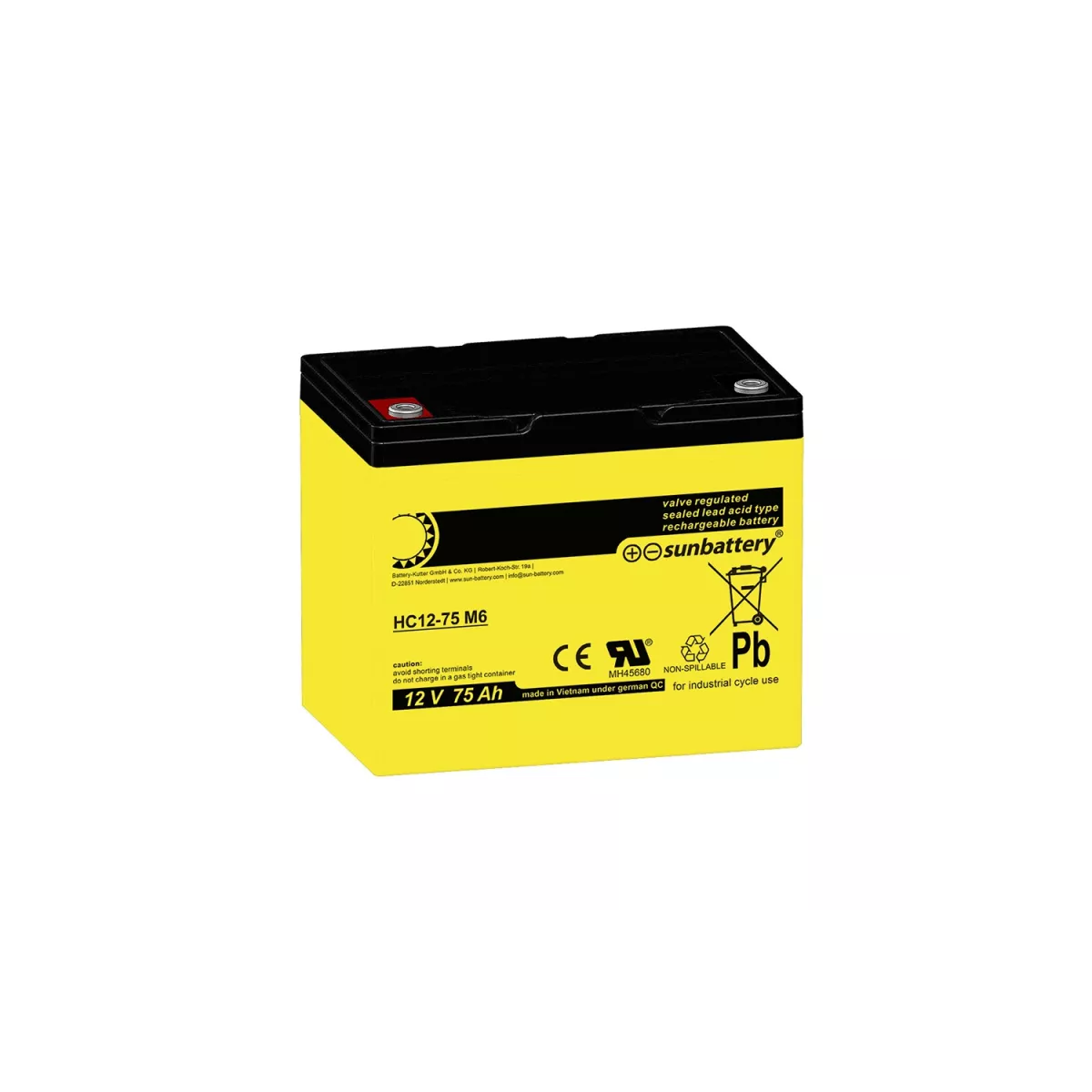 SUN Battery AGM Akku 12V 75Ah High Cycle zyklenfest – F-M6 Schraubanschluss (258×166×215mm)