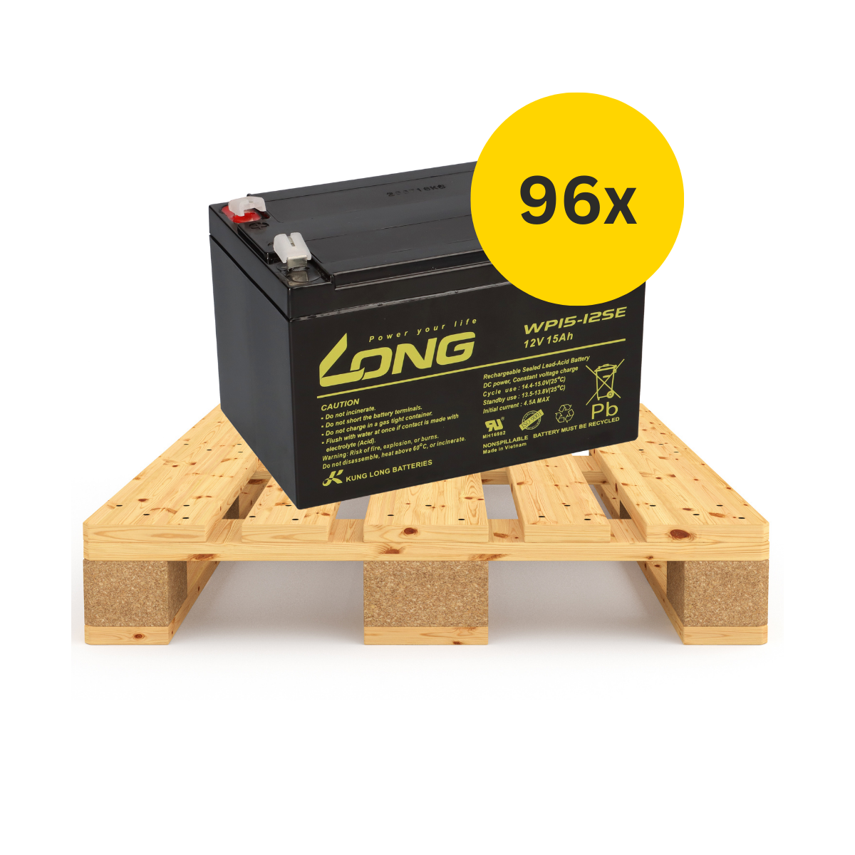 96× Kung Long WP15-12SE 12V 15Ah AGM-Akku – 1/2 Palette