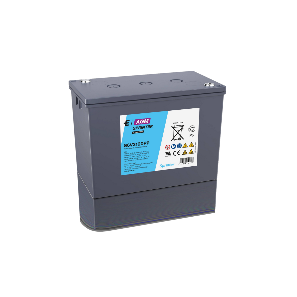 Exide Sprinter Pure Power S6V3100PP 6V 195Ah AGM Hochstrombatterie – 2989W, F-M6, USV