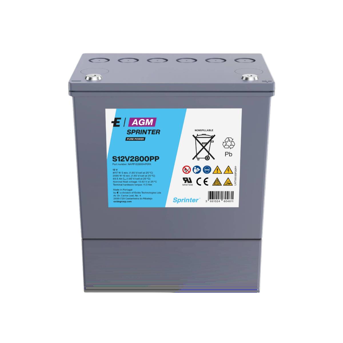 Exide Sprinter Pure Power S12V2800PP 12V 69,5Ah AGM Hochstrombatterie – 2830W, F-M6, USV