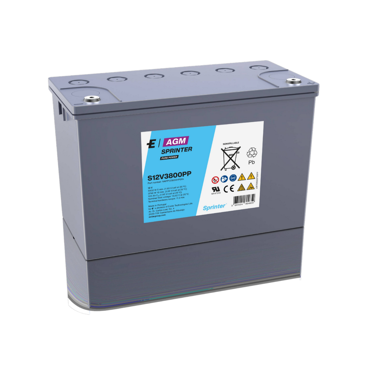 Exide Sprinter Pure Power S12V3800PP 12V 105Ah AGM Hochstrombatterie – 3740W, F-M6, USV