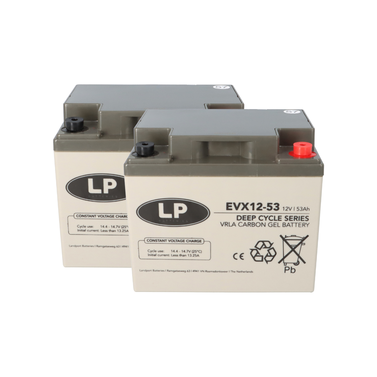 2x Landport EVX12-53 T6 12V 53Ah AGM-GEL Blei-Carbon Akkus – zyklenfest, M6