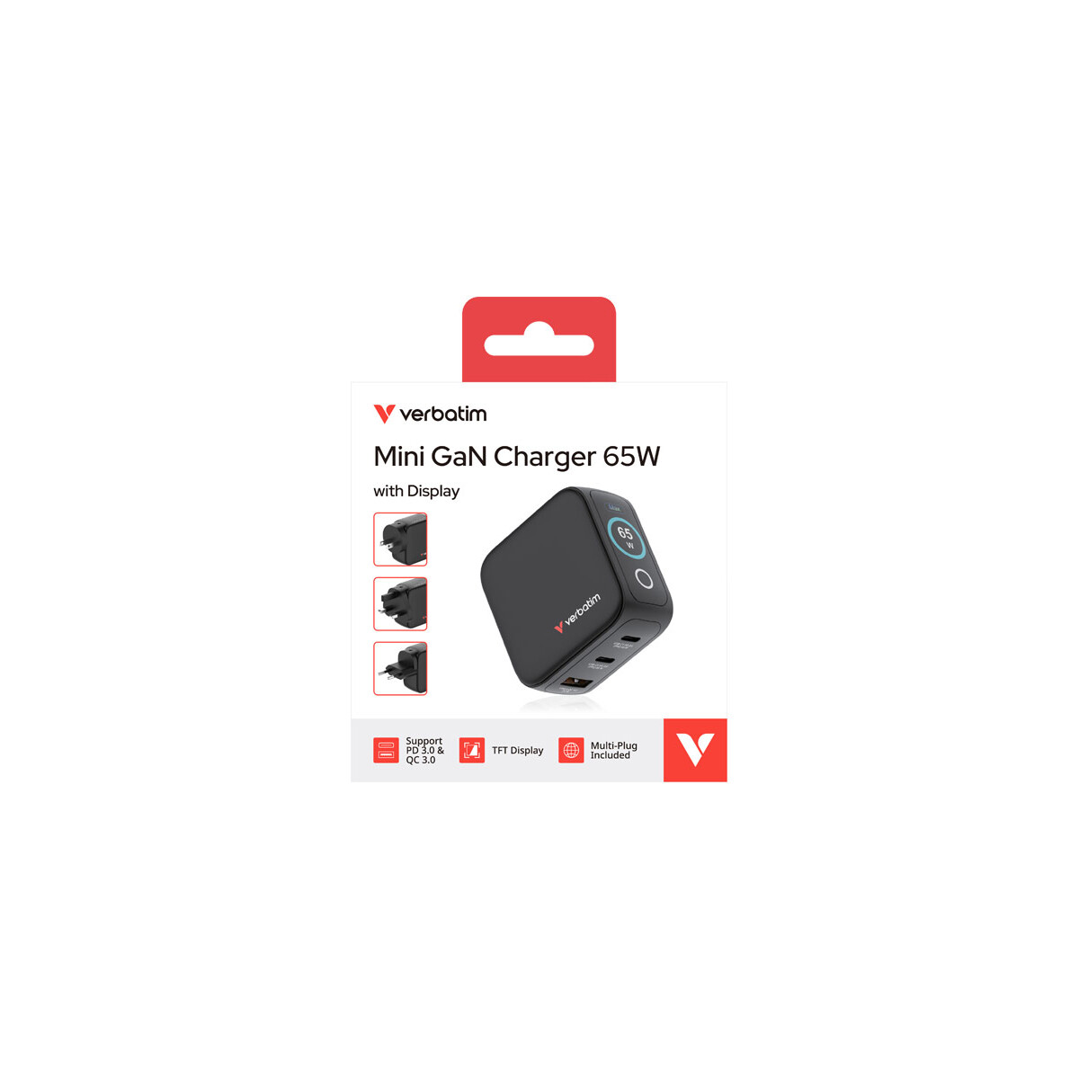 Verbatim 65W GaN Ladegerät mit Display, 2x USB-C & USB-A
