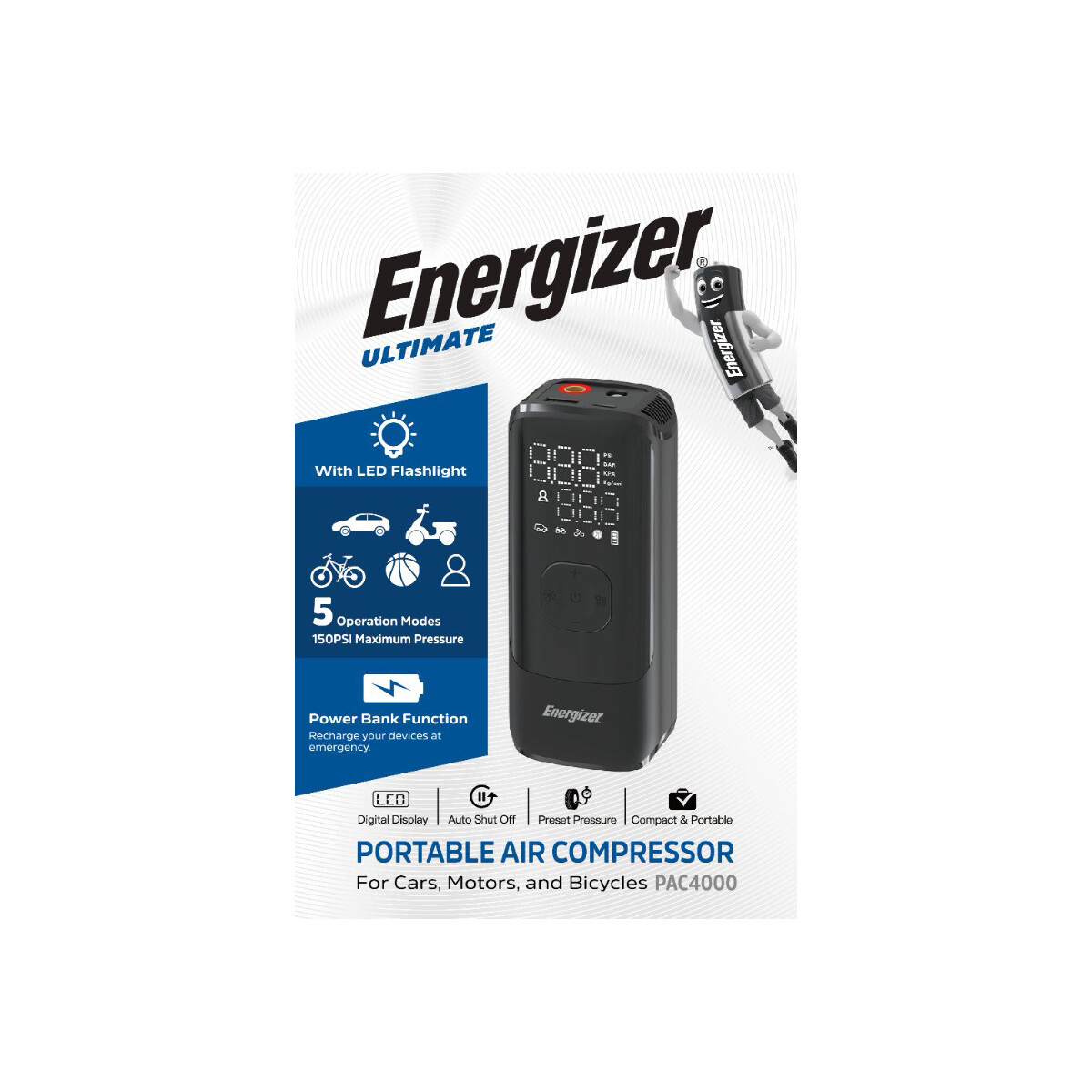 Akku Luftkompressor 150 PSI – PAC4000 mit LED & Powerbank