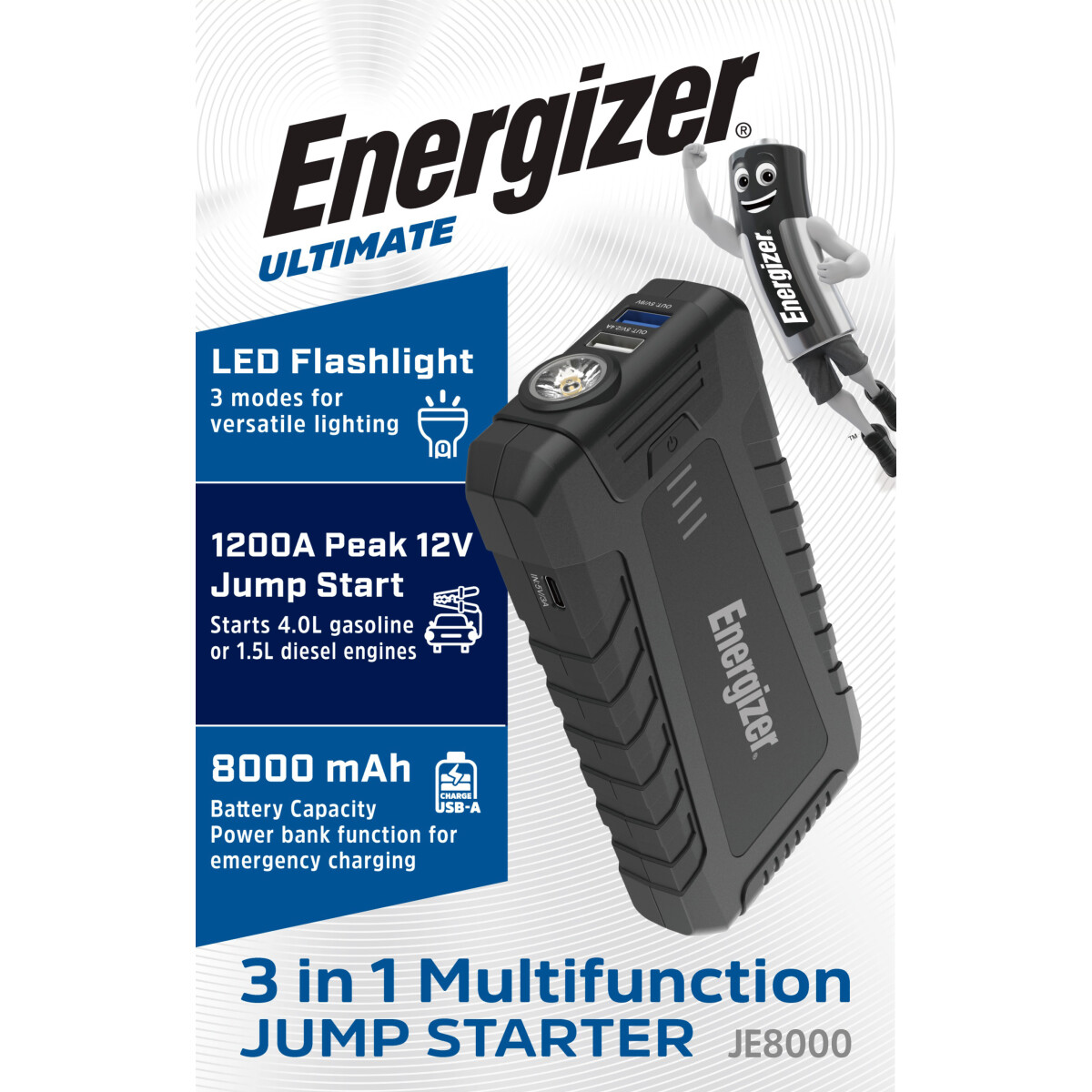 JE8000 Jump Starter 8000 mAh 12V Starthilfe mit Powerbank & LED