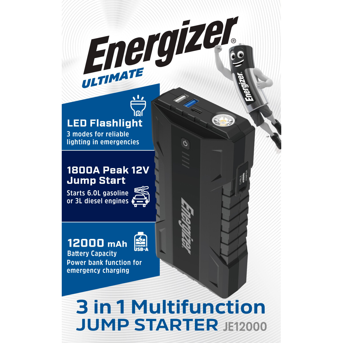 JE12000 Jump Starter 12.000 mAh, 1800A, Powerbank & LED