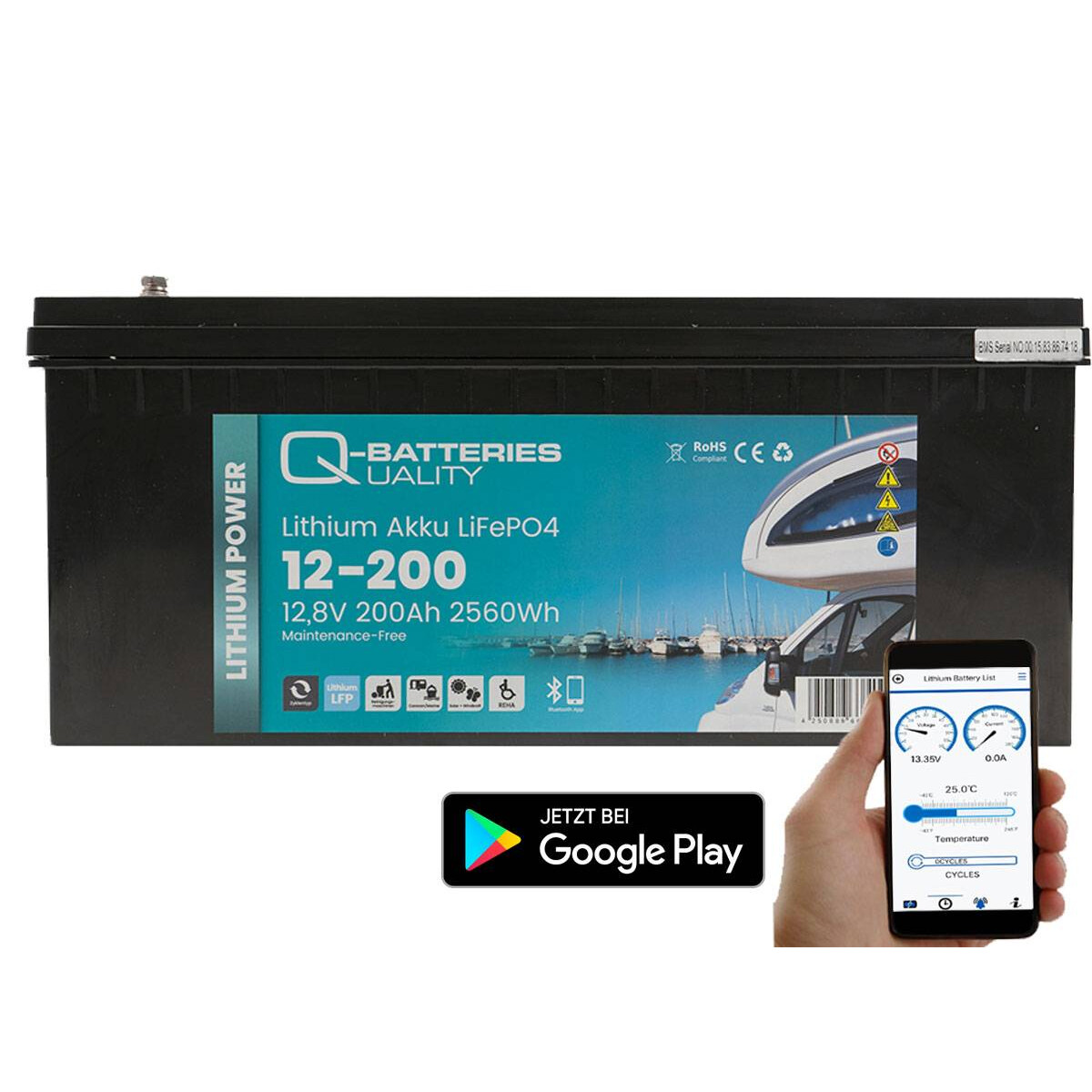 Q-Batteries 12,8V 200Ah LiFePO4 Akku Bluetooth & Heizung 2560Wh