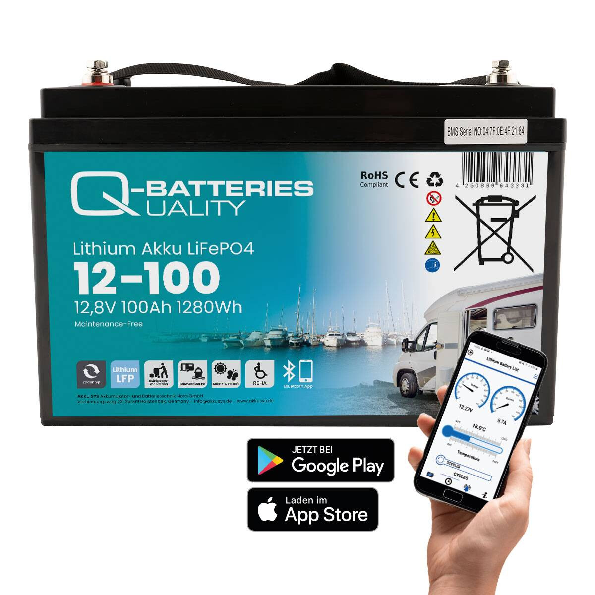 Q-Batteries LiFePO4 Akku 12,8V 100Ah mit Bluetooth & Heizung mit 0% MwSt nach §12 Abs. 3 UstG