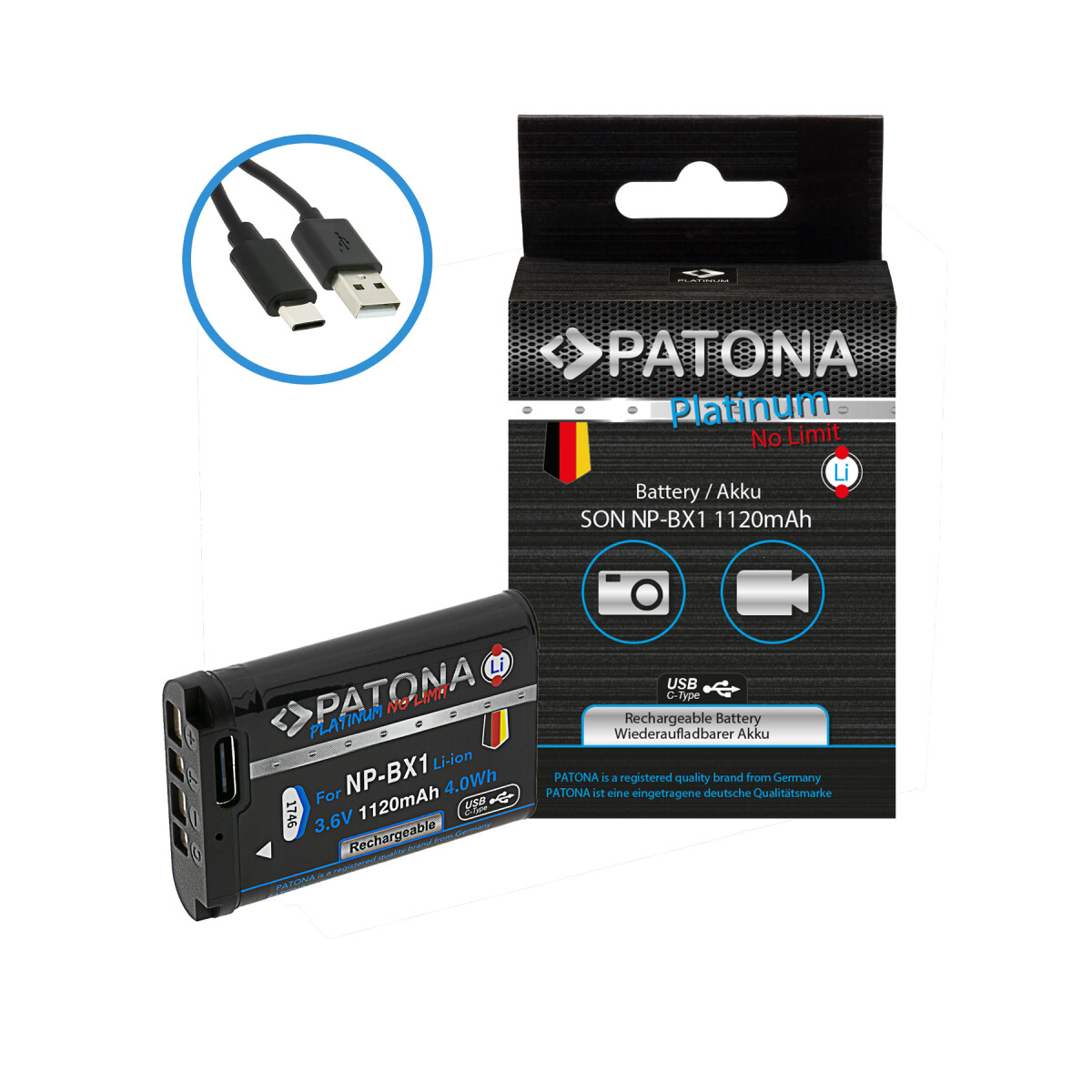 PATONA Platinum NP-BX1 Akku mit USB-C für Sony DSC RX100 und HX300 – 1120 mAh