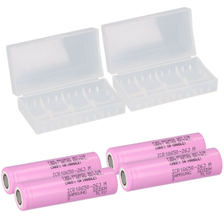 4x Samsung ICR 18650 26MJ 2600 mAh 3,6 Volt 26F, 26H, 26J 3,7V + 2x Akkubox