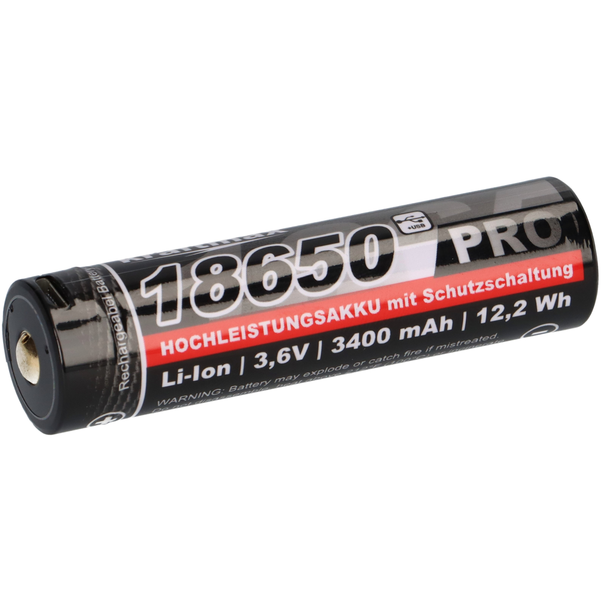 Kraftmax 18650 Pro Hochleistungsakku Li-Ion 3,6V 3400mAh inkl. Micro-USB Ladebuchse