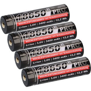 4x Kraftmax 18650 Pro Hochleistungsakku Li-Ion 3,6V 3400mAh inkl. Micro-USB Ladebuchse