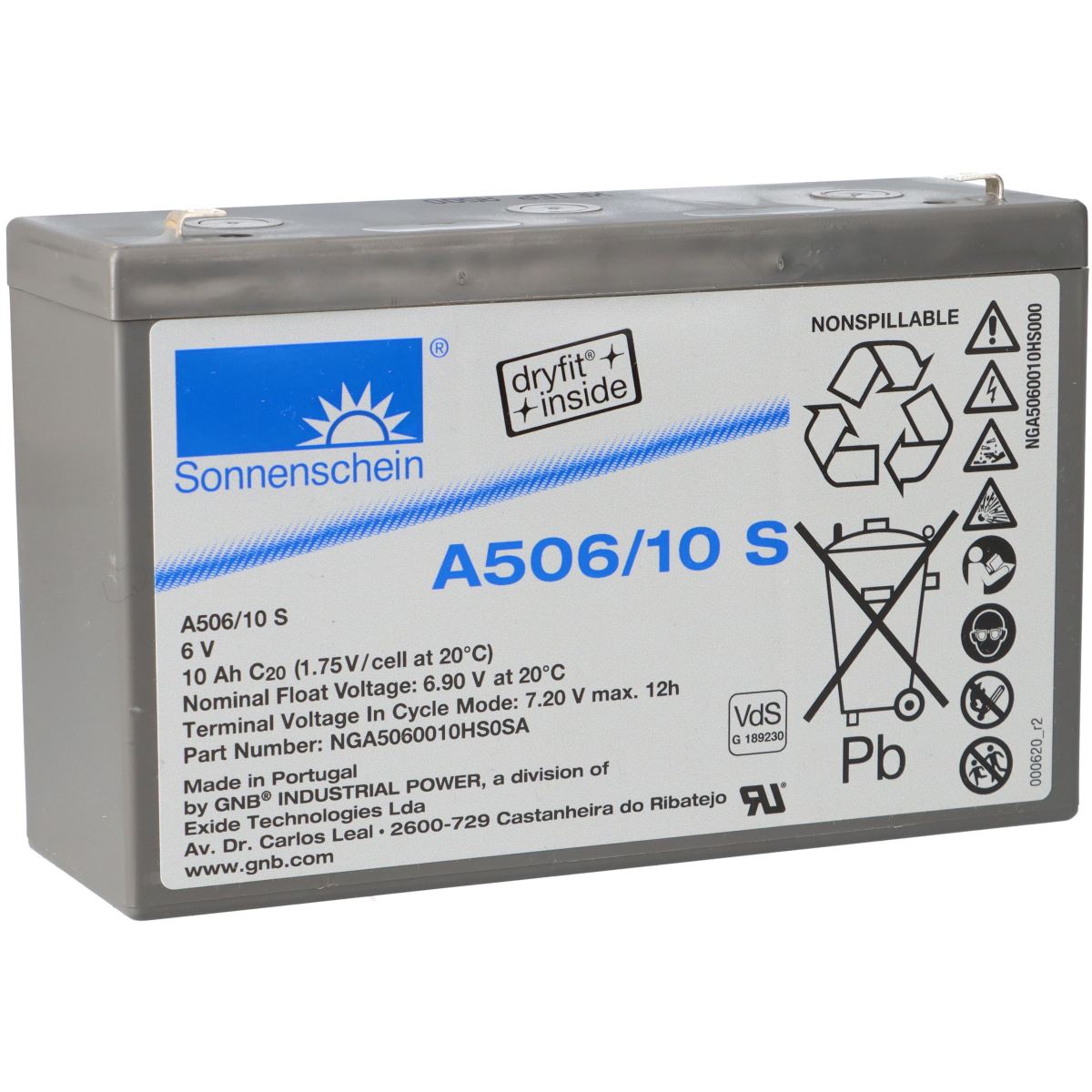 Sonnenschein Bleigel Akku 6V 10Ah Dryfit A506/10.0S Faston 4,8