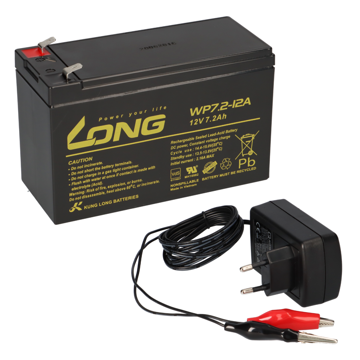 Kung Long AGM Akku 12V 7,2Ah mit Ladegerät – Faston 6,3 mm