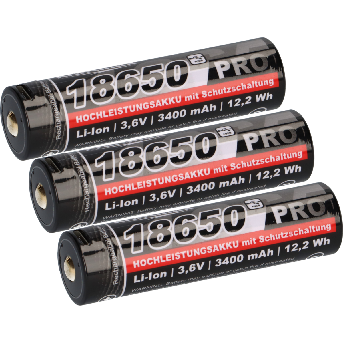 3x Kraftmax 18650 Pro Hochleistungsakku Li-Ion 3,6V 3400mAh inkl. Micro-USB Ladebuchse