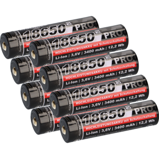 8x Kraftmax 18650 Pro Hochleistungsakku Li-Ion 3,6V 3400mAh inkl. Micro-USB Ladebuchse