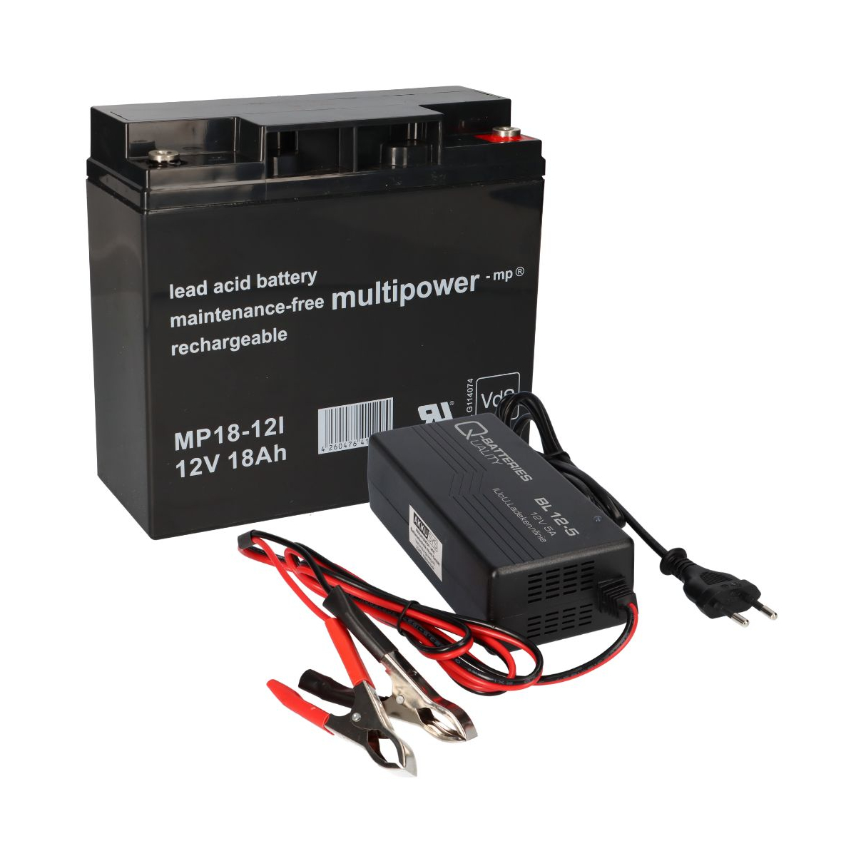 Set Q-Batteries BL 12-5 Ladegerät 5A + Multipower MP18-12 Batterie Bleigel Akku 12V 18Ah 17Ah
