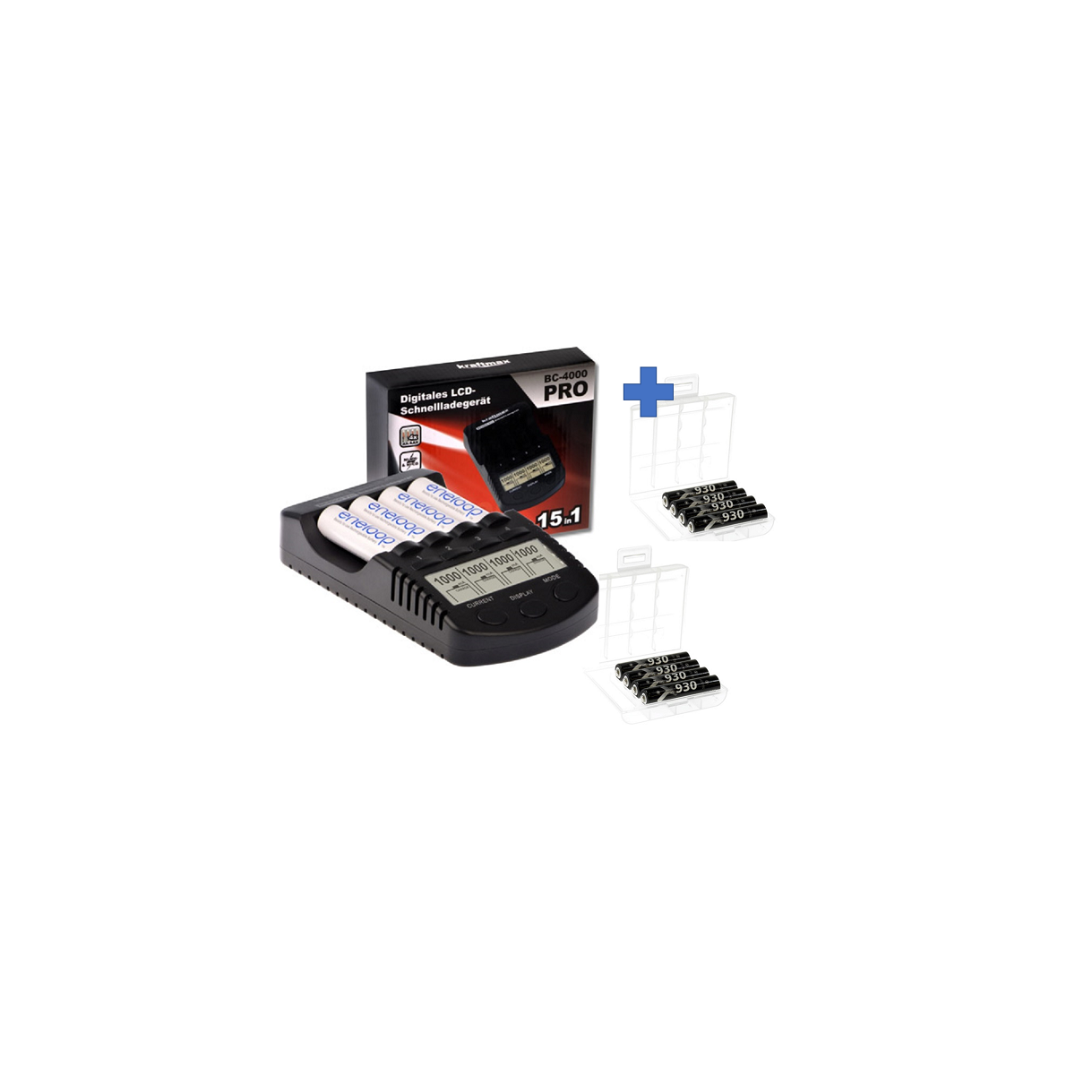 Kraftmax BC-4000 Pro Akku & USB Ladegerät + 8x LSD Plus Micro AAA 930mAh Akkus + 2 Box