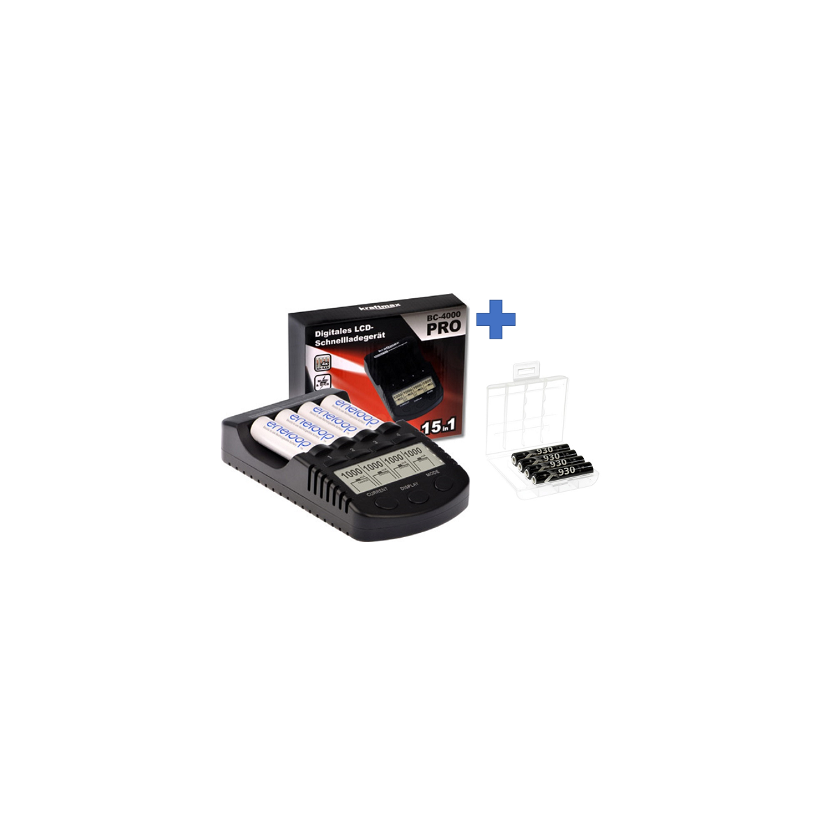 Kraftmax BC-4000 Pro Akku & USB Ladegerät + 4x LSD Plus Micro AAA 930mAh Akkus + Box