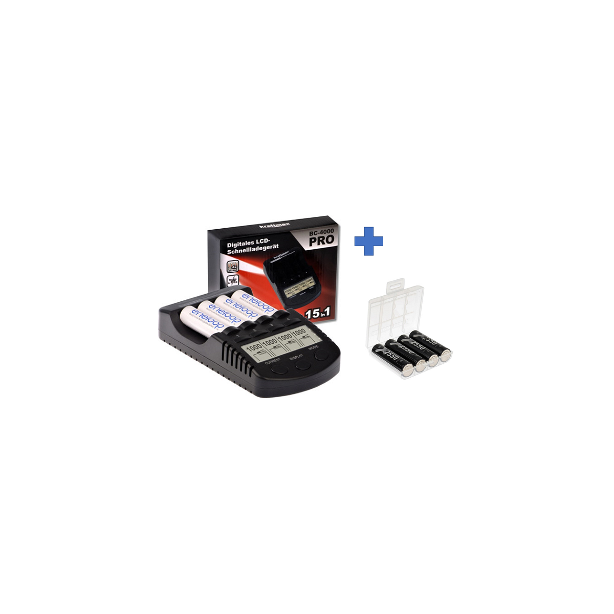 Kraftmax BC-4000 Pro Akku & USB Ladegerät + 4x LSD Plus Mignon AA 2550mAh Akkus + Box