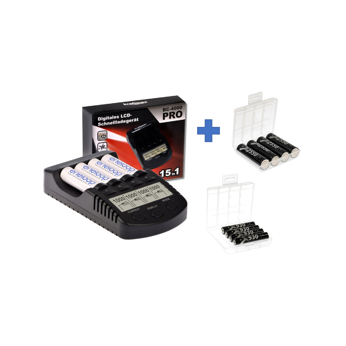 BC-4000 Pro Akku & USB Ladegerät + 4x AAA 930mAh + 4x 2550mAh Akkus + 2 Box