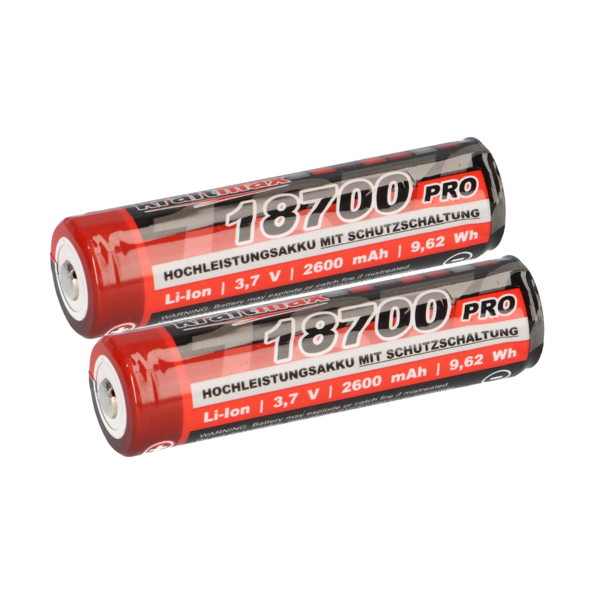 2x Kraftmax 18650 18700 Pro Akku mit PCB Schutzschaltung - speziell für LED Taschenlampen 3,7V 9,62 Wh