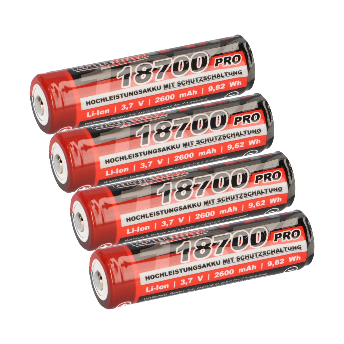 4x Kraftmax 18650 18700 Pro Akku mit PCB Schutzschaltung - speziell für LED Taschenlampen 3,7V 9,62 Wh