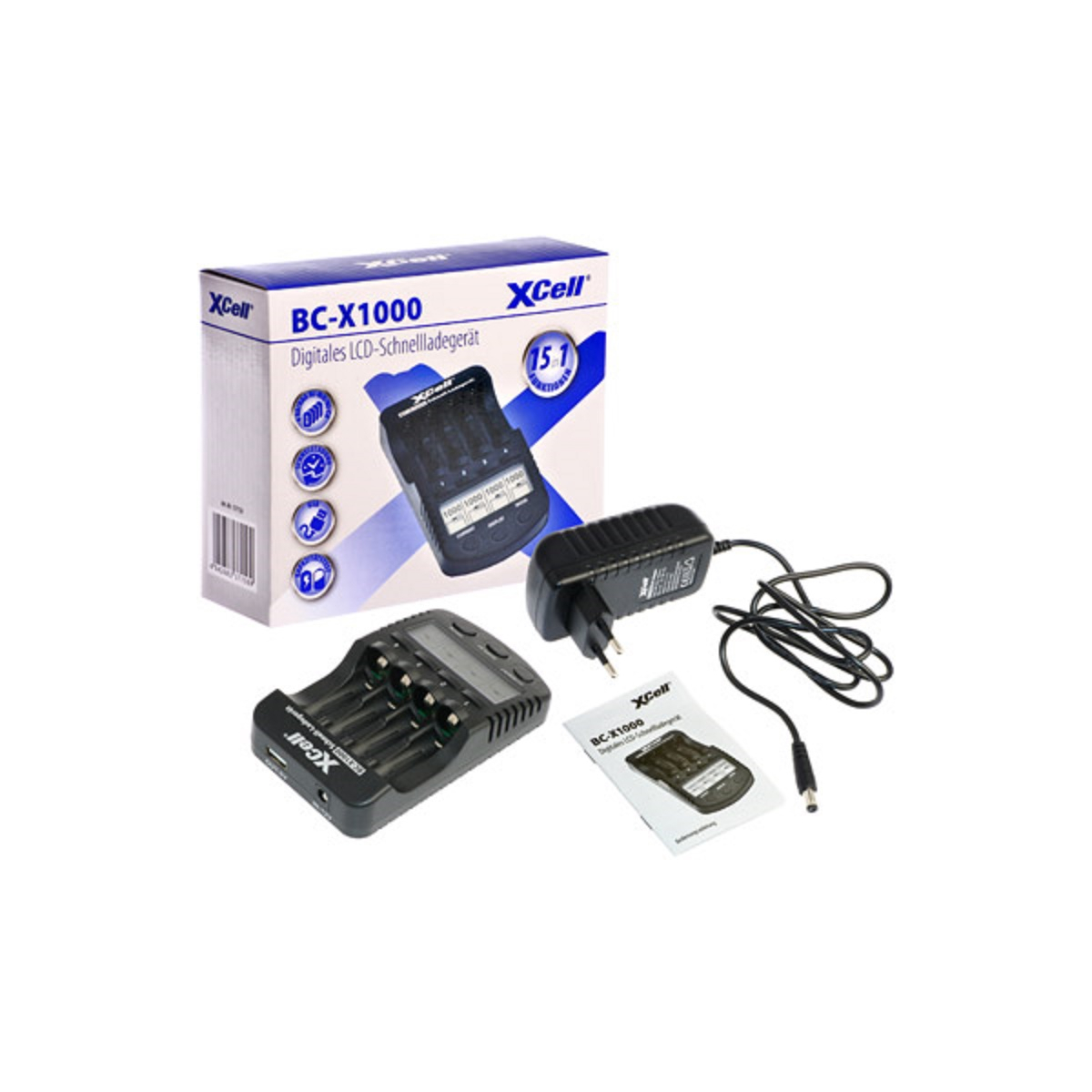 1x XCell Schnellladegerät/ LCD Anzeige/USB Anschluss/ Refresh Funktion/Testfunktion BC-X1000