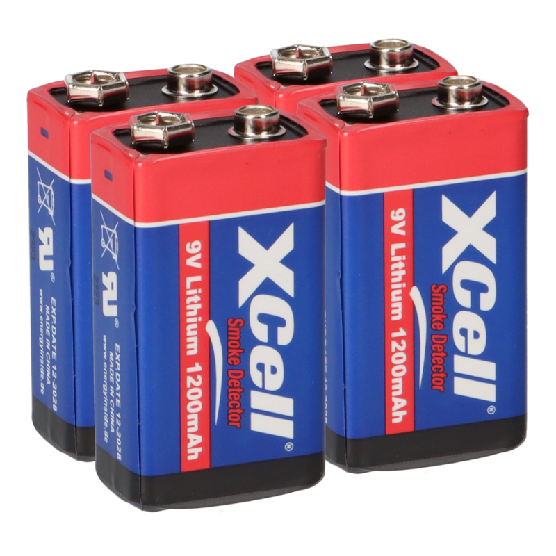 4x XCell Lithium 9V Block Hochleistungs- Batterien für Rauchmelder / Feuermelder - 10 Jahre Batterie Lebensdauer
