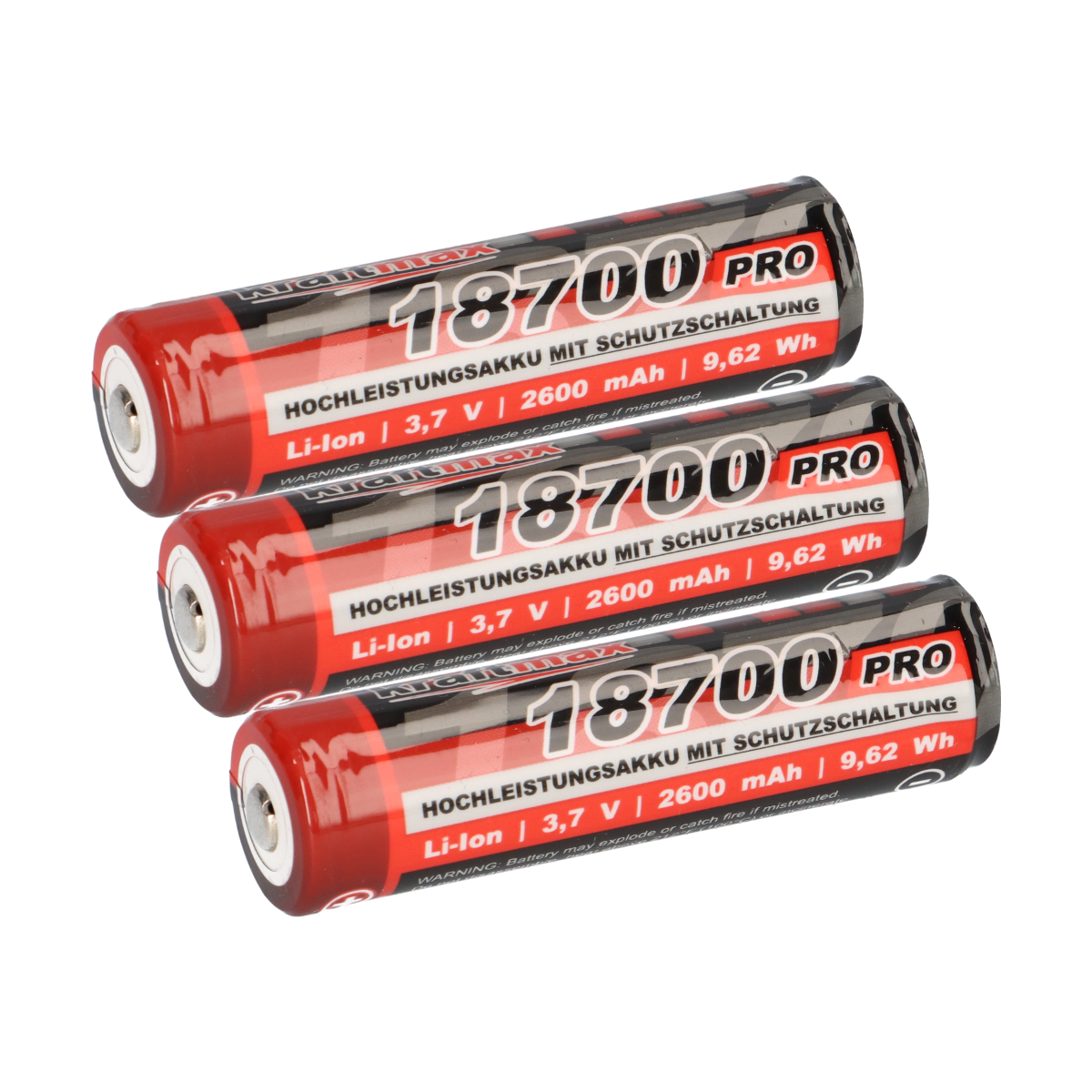 3x Kraftmax 18700 Pro Akku mit PCB Schutzschaltung - speziell für LED Taschenlampen 3,7V 9,62 Wh