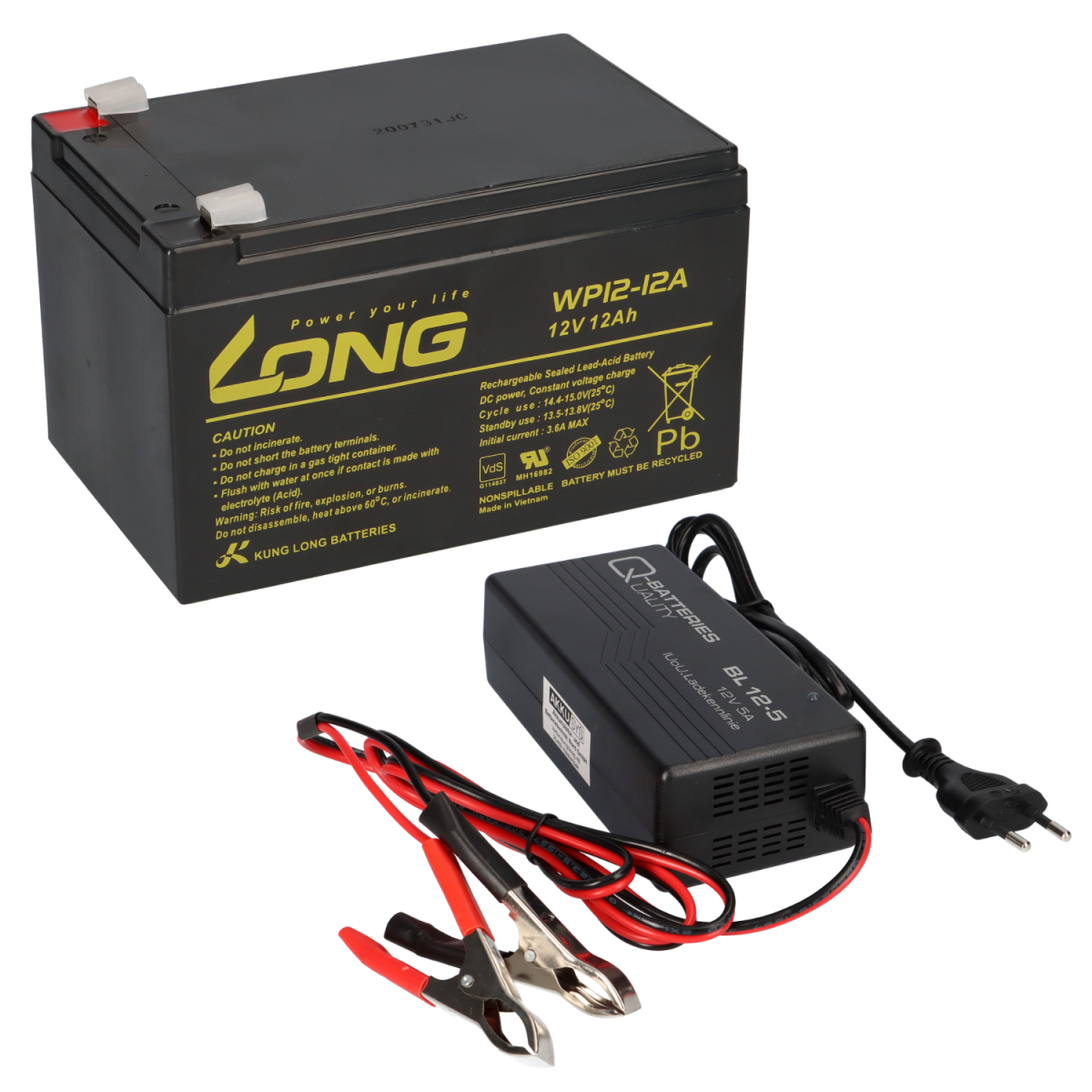 Kung Long WP12-12 12V 12Ah + 5A Ladegerät – AGM Schnellladeset