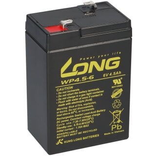 Kung Long WP4.5-6 Blei Akku 6 Volt 4,5Ah mit Faston 4,8mm passend Handlampen