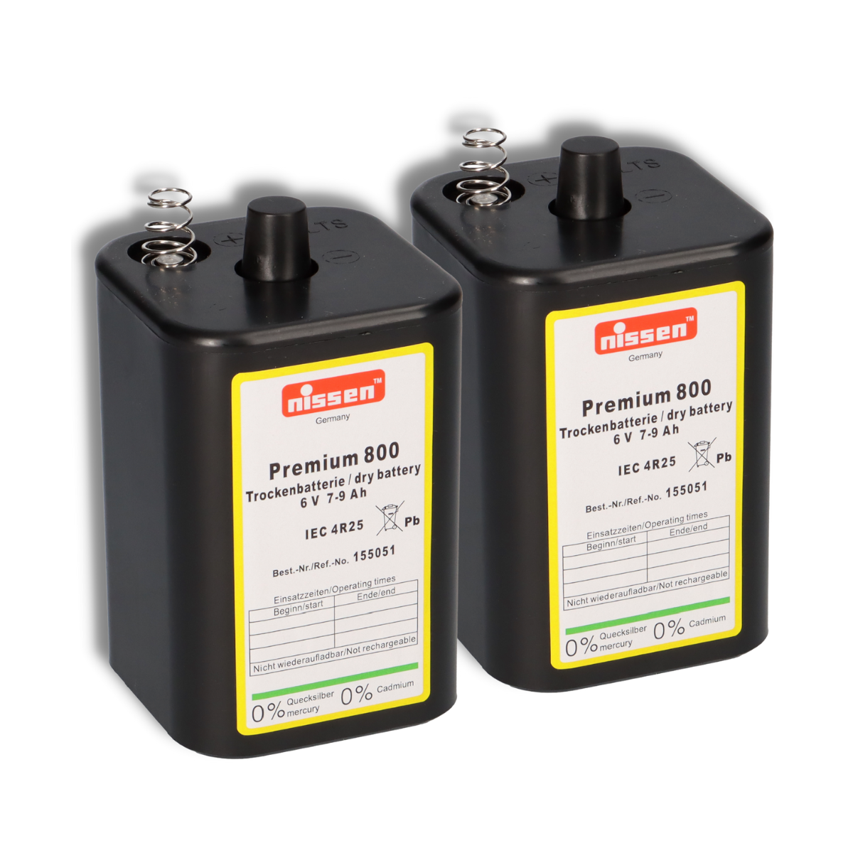 2x Nissen 4R25 Premium 800 - 6V 7-9Ah 6 Volt Hochleistungs- Blockbatterie für z.B. Baustellenleuchte / Baustellenlampe / Blinklampe/ Handscheinwerfer