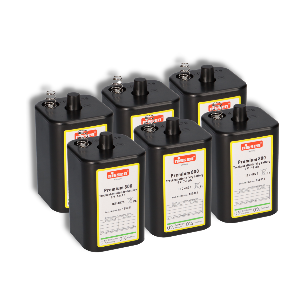 6x Nissen 4R25 Premium 800 - 6V 7-9Ah 6 Volt Hochleistungs- Blockbatterie für z.B. Baustellenleuchte / Baustellenlampe / Blinklampe/ Handscheinwerfer