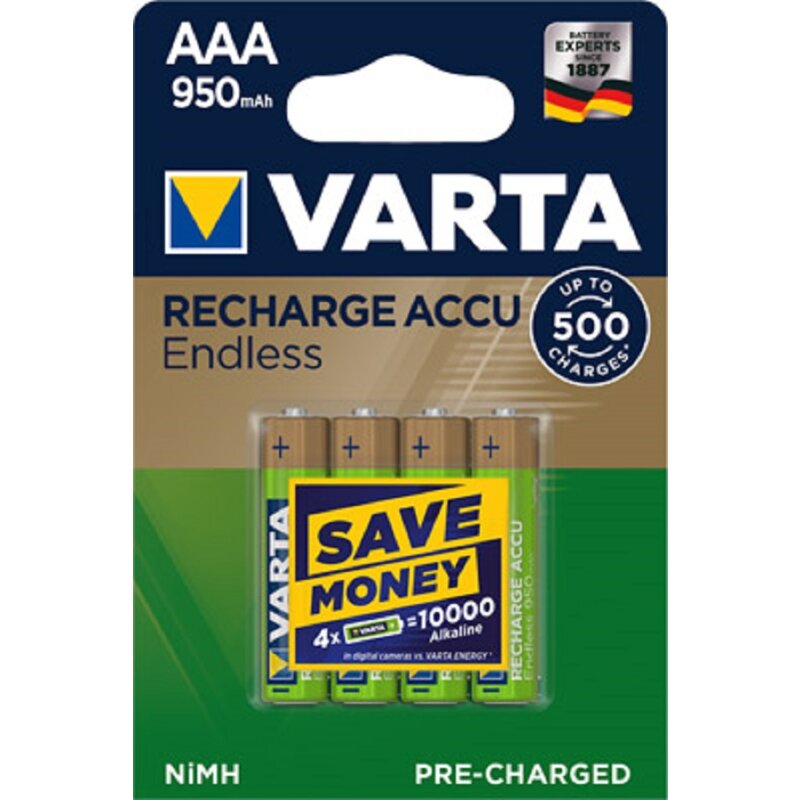 VARTA Recharge Akku Endless NiMh Micro AAA HR03 950mAh 4er-Blister 