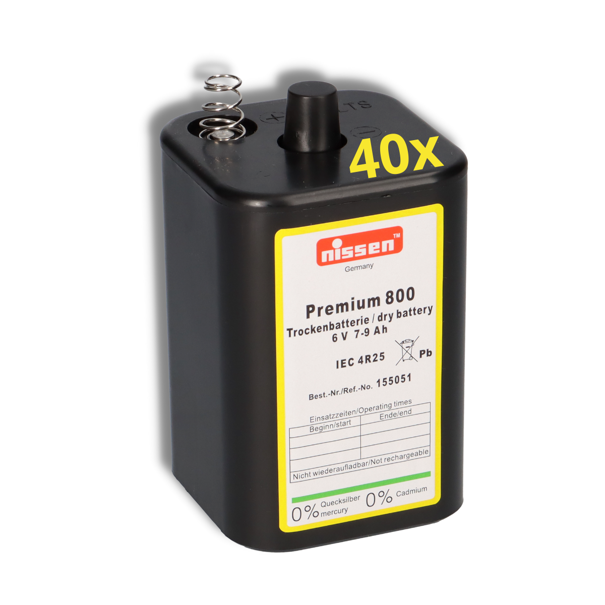 40x Nissen 4R25 Premium 800 - 6V 7-9Ah 6 Volt Hochleistungs- Blockbatterie für z.B. Baustellenleuchte / Baustellenlampe / Blinklampe/ Handscheinwerfer