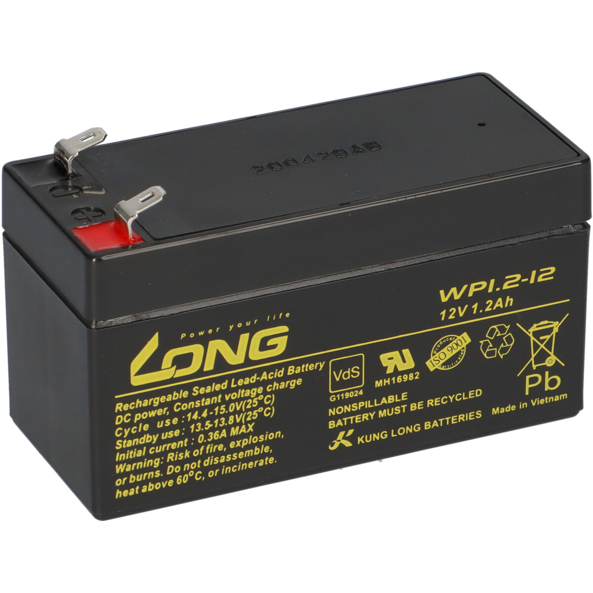 Kung Long WP1.2-12 AGM Akku 12V 1,2Ah – passend für Handlampe Handscheinwerfer | VdS-Ausführung