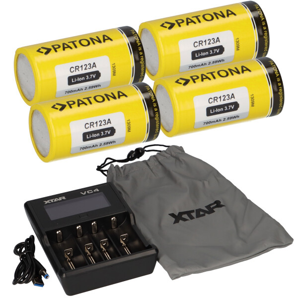Set 4x Patona CR123A Akku + Xtar VC4 Ladegerät Li-Ion NiMH