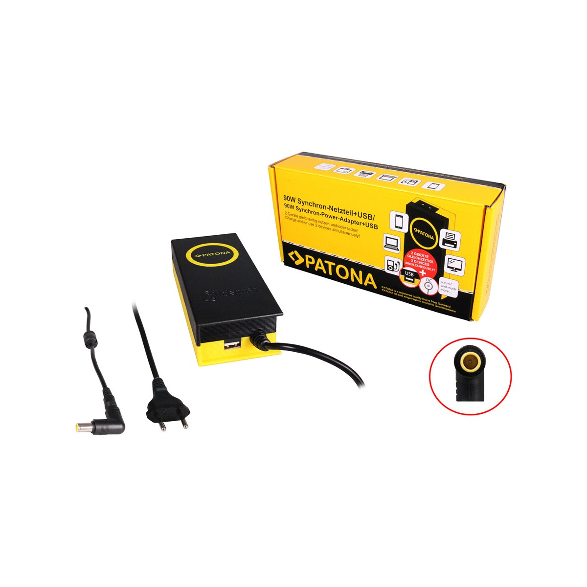 PATONA 90W Synchron Netzteil 7,9x5,4x12mm 20V inkl. USB Ausgang 2,1A